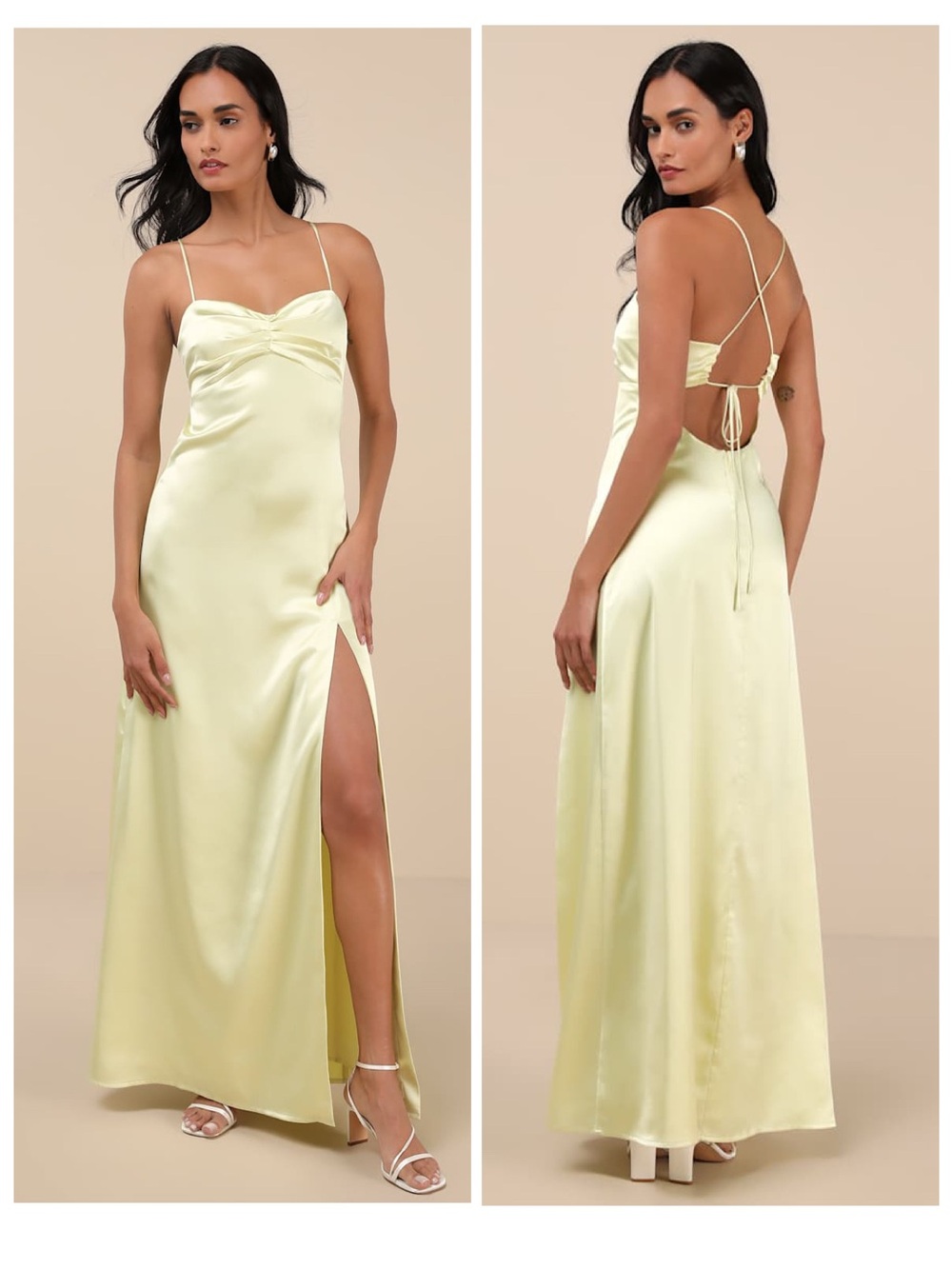Lulus Stunning Example Light Yellow Satin Backless Maxi Dress Size small Formal